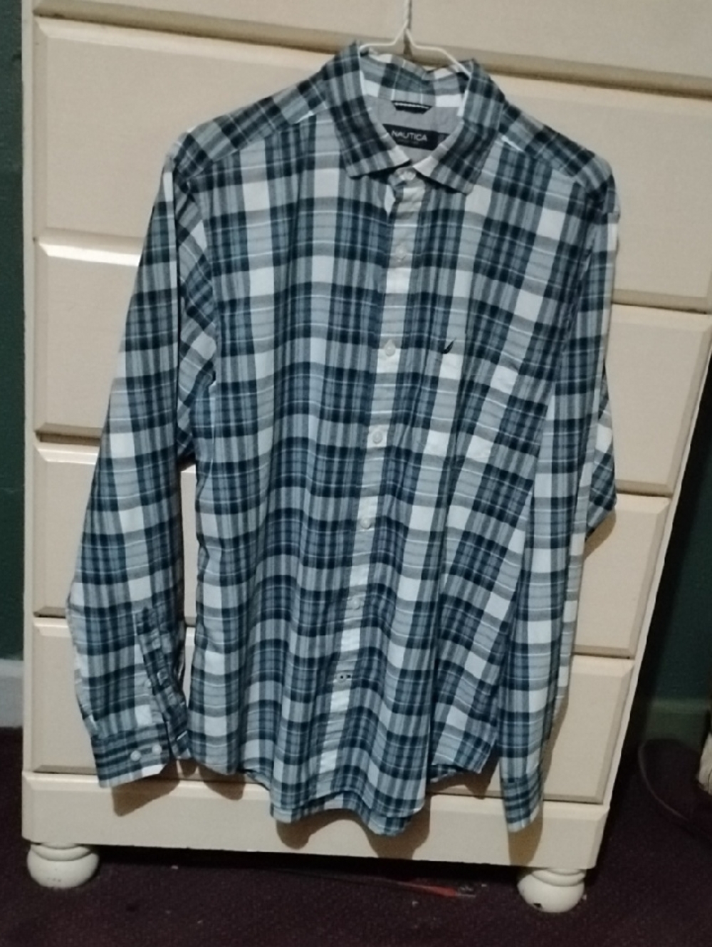 Nautica Men’s Navy and White Plaid Button-Down Shirt